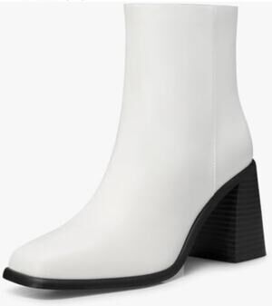 CELLENZ Womens White Leather Ankle Boots Pointed Toe Black Chunky Heel Sz 6.5